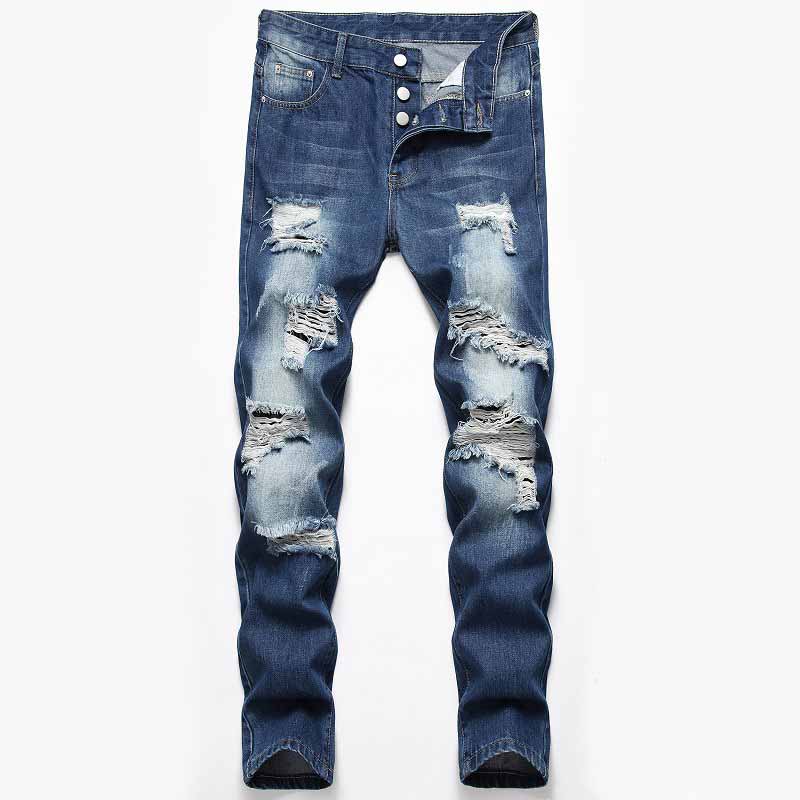 Street Retro Blue Button Ripped Straight Jeans 01 | Gthic.com