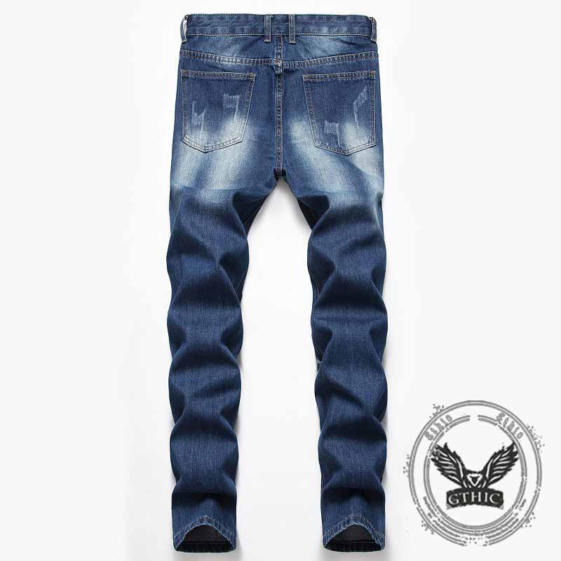 Street Retro Blue Button Ripped Straight Jeans 02 | Gthic.com