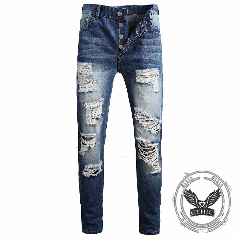 Street Retro Blue Button Ripped Straight Jeans 03 | Gthic.com