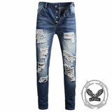 Street Retro Blue Button Ripped Straight Jeans 03 | Gthic.com