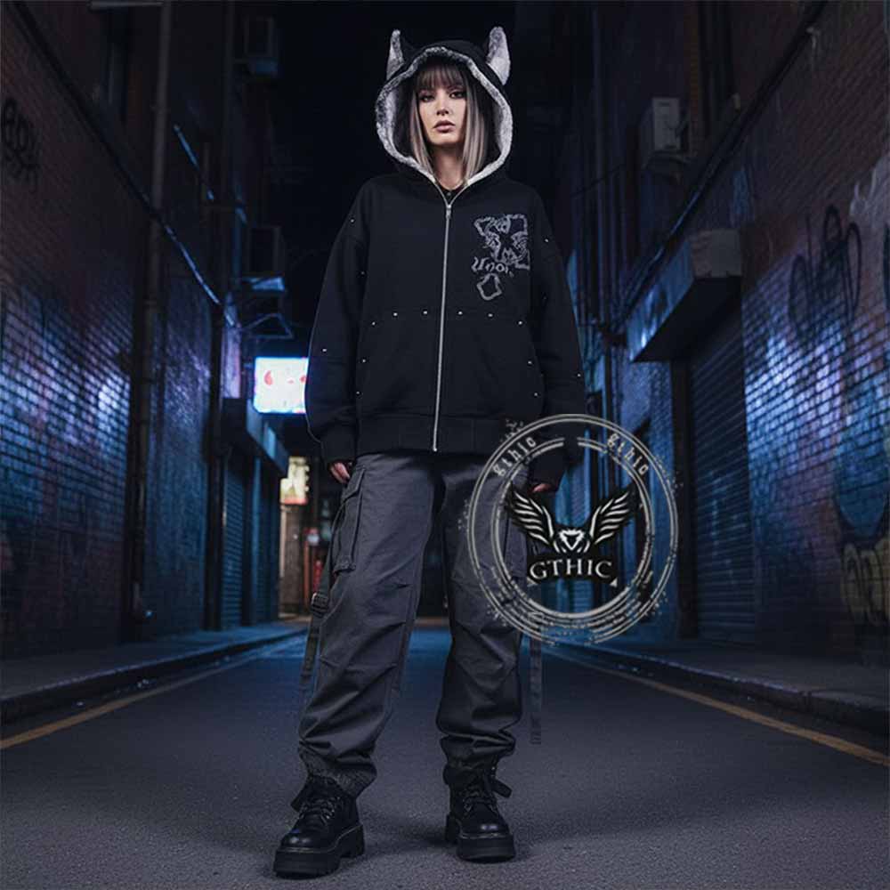 Street Rivets Cross Pattern Plush Ears Hooded Jacket | Gthic.com