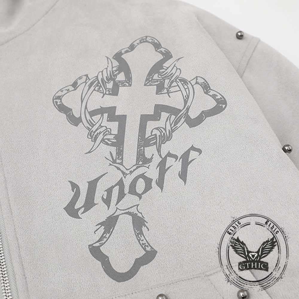 Street Rivets Cross Pattern Plush Ears Hooded Jacket