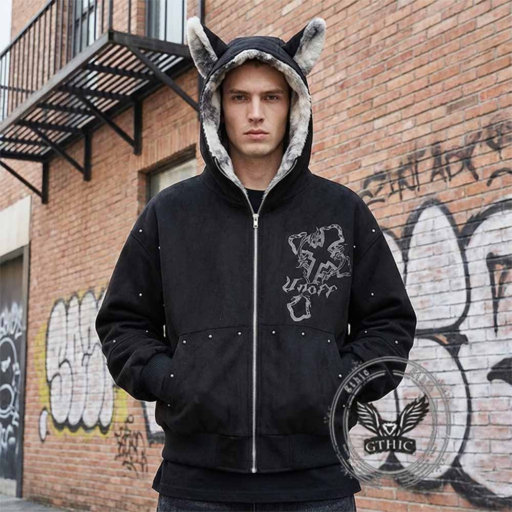 Street Rivets Cross Pattern Plush Ears Hooded Jacket | Gthic.com