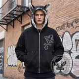 Street Rivets Cross Pattern Plush Ears Hooded Jacket | Gthic.com