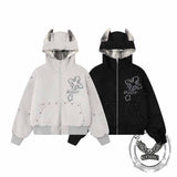 Street Rivets Cross Pattern Plush Ears Hooded Jacket | Gthic.com