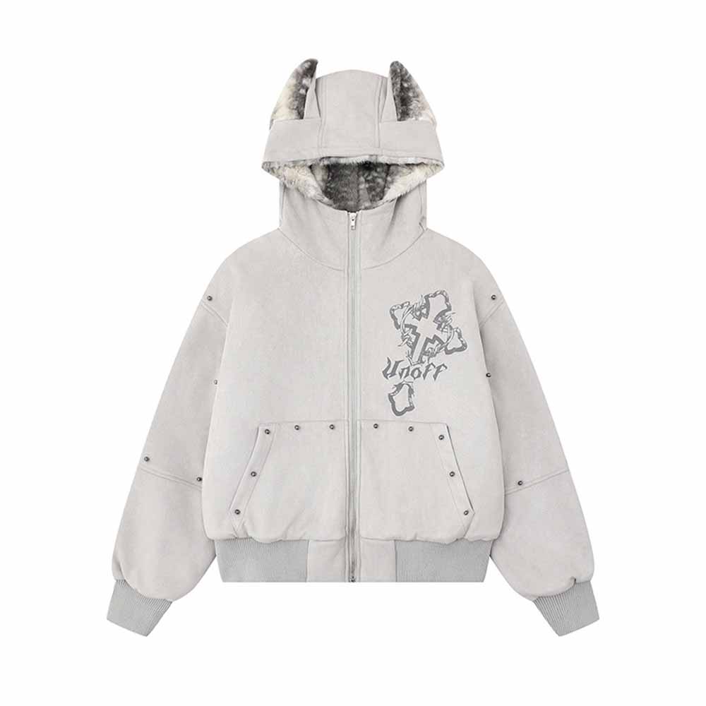 Street Rivets Cross Pattern Plush Ears Hooded Jacket | Gthic.com