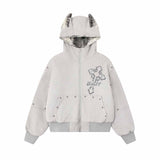 Street Rivets Cross Pattern Plush Ears Hooded Jacket | Gthic.com