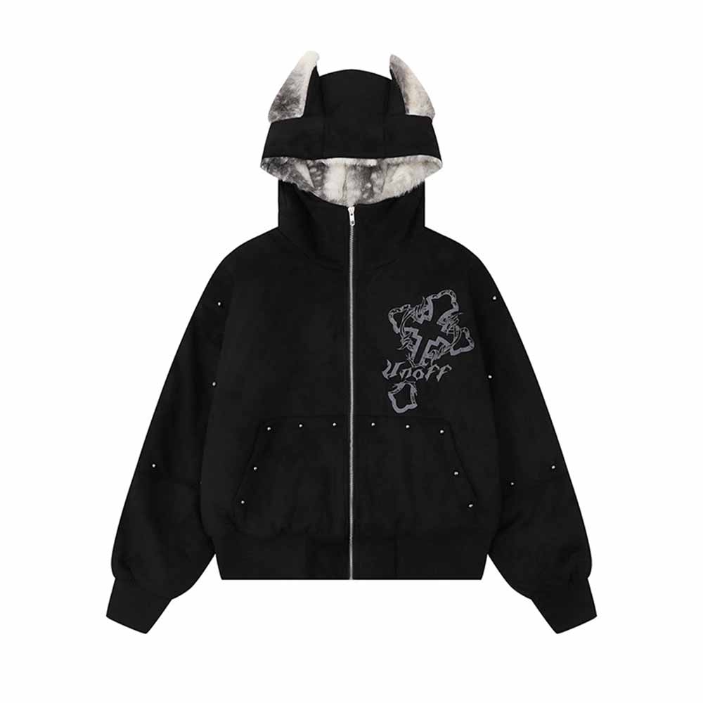 Street Rivets Cross Pattern Plush Ears Hooded Jacket