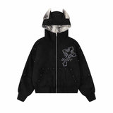 Street Rivets Cross Pattern Plush Ears Hooded Jacket
