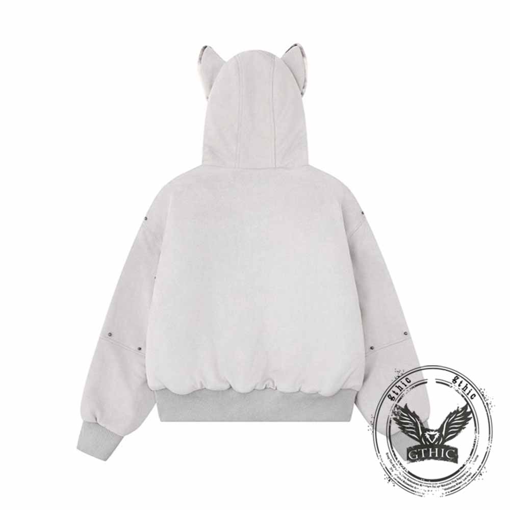 Street Rivets Cross Pattern Plush Ears Hooded Jacket