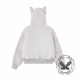Street Rivets Cross Pattern Plush Ears Hooded Jacket