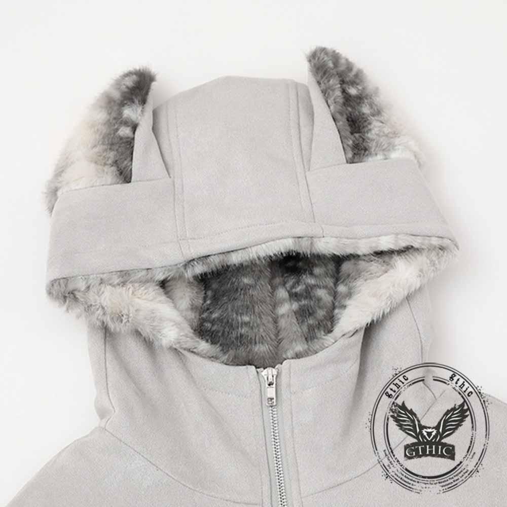 Street Rivets Cross Pattern Plush Ears Hooded Jacket