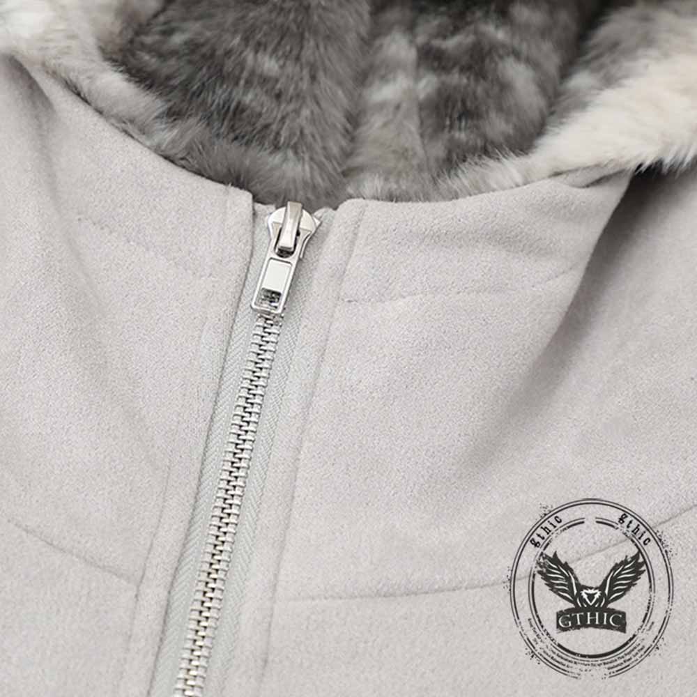 Street Rivets Cross Pattern Plush Ears Hooded Jacket