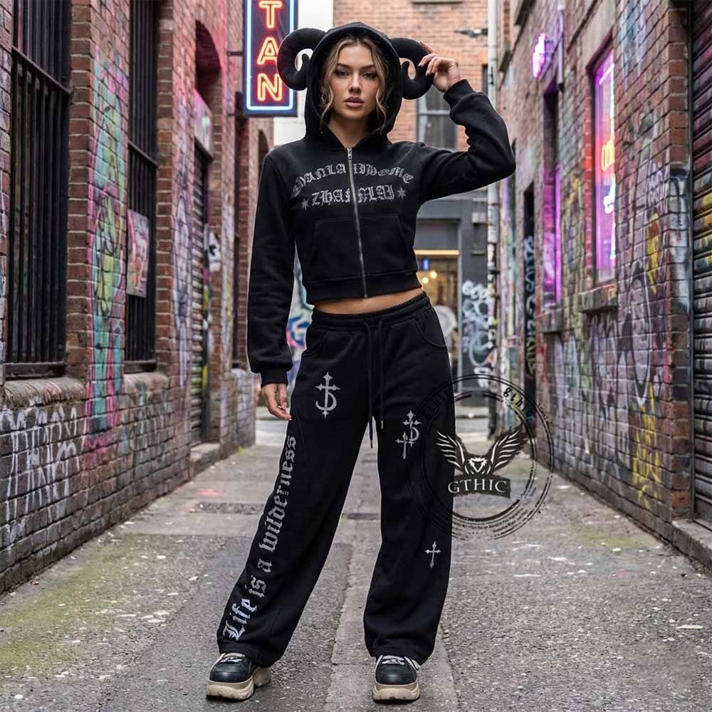 Street Short Horned Hoodie Gothic Sweatpants Set | Gthic.com