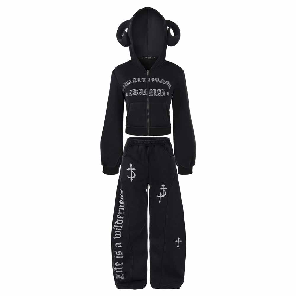 Street Short Horned Hoodie Gothic Sweatpants Set