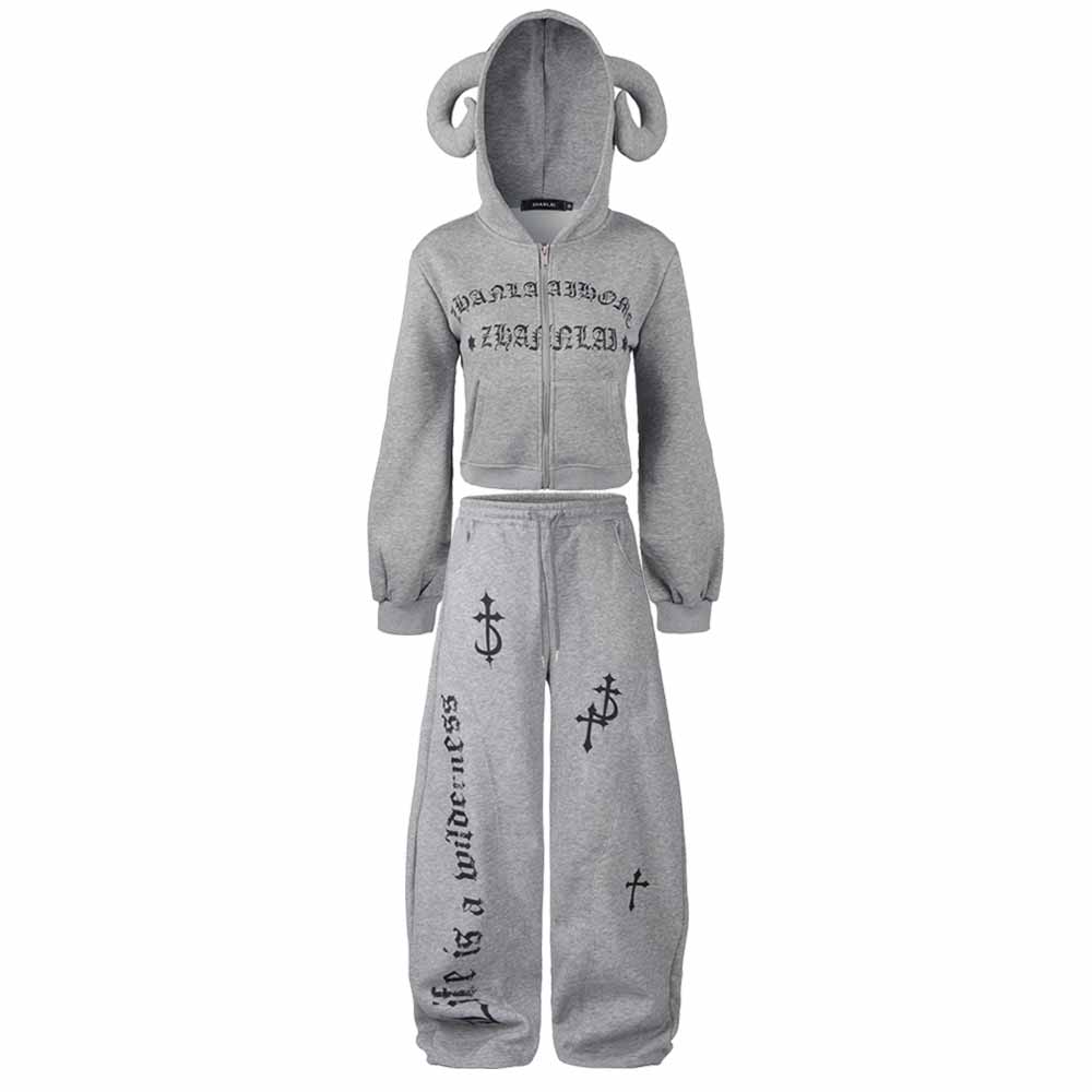 Street Short Horned Hoodie Gothic Sweatpants Set