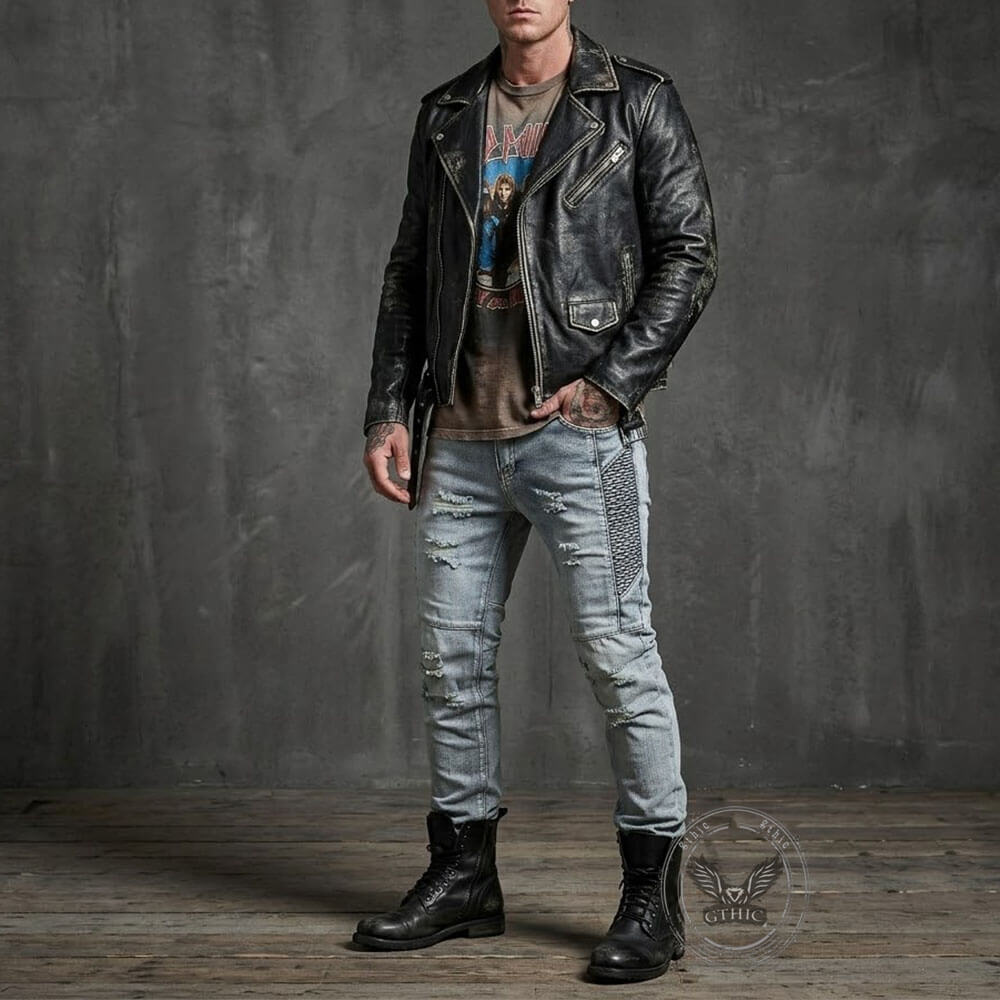 Street Slim-Fit Distressed Straight-Leg Biker Jeans | Gthic.com