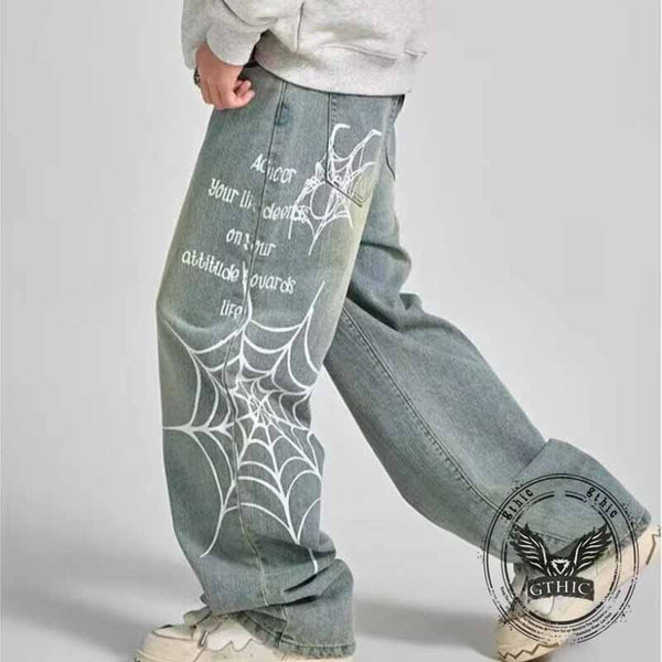 Street Style Spider Web Print Blue Wide-Leg Baggy Jeans – GTHIC
