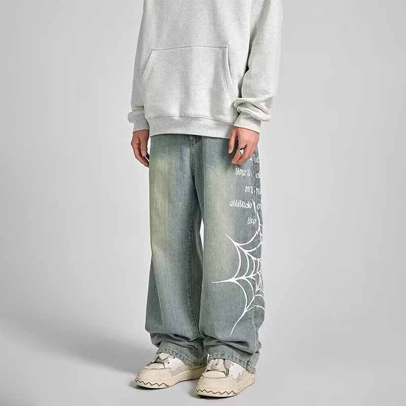 Street Style Spider Web Print Wide-Leg Baggy Jeans | Gthic.com