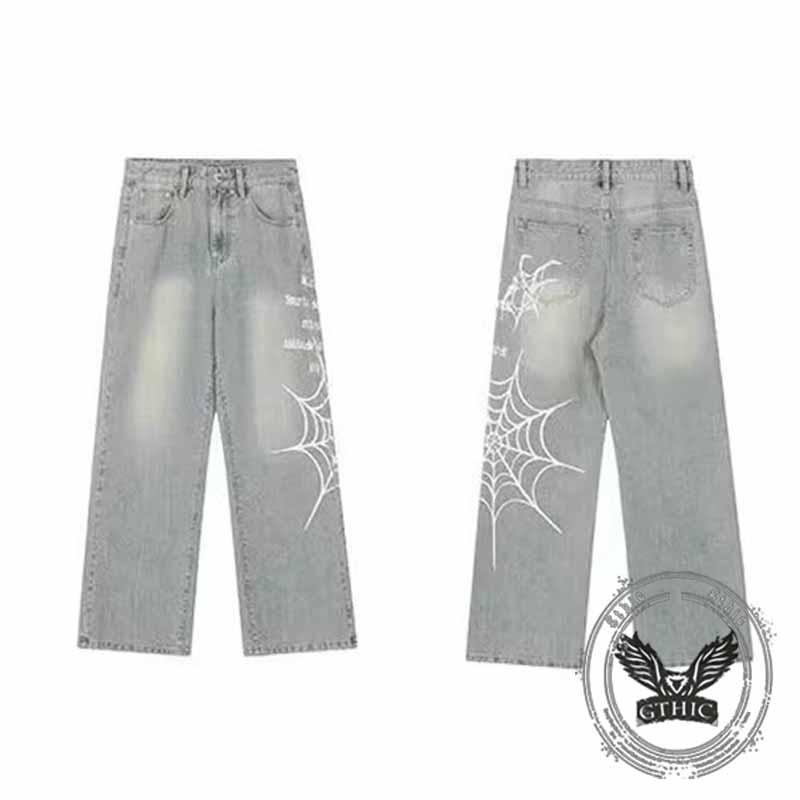 Street Style Spider Web Print Wide-Leg Baggy Jeans | Gthic.com