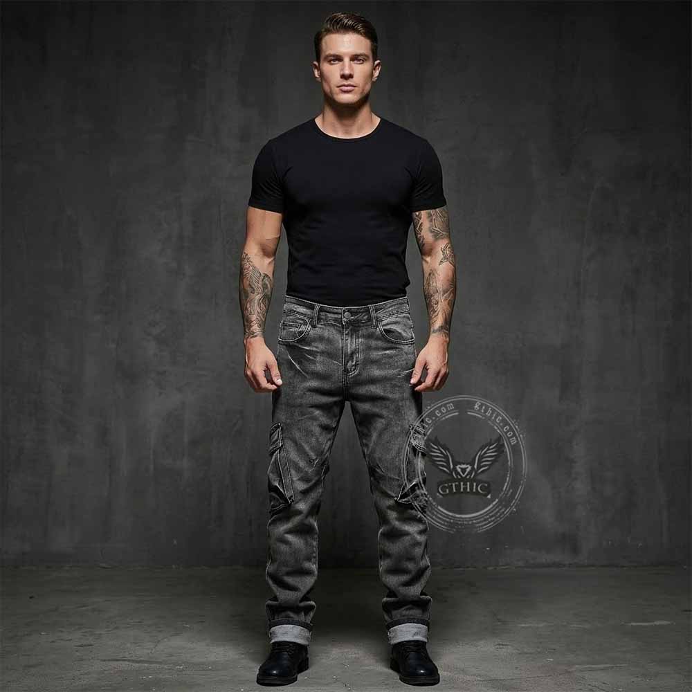 Street Vintage Multi-Pocket Cargo Denim Jeans | Gthic.com