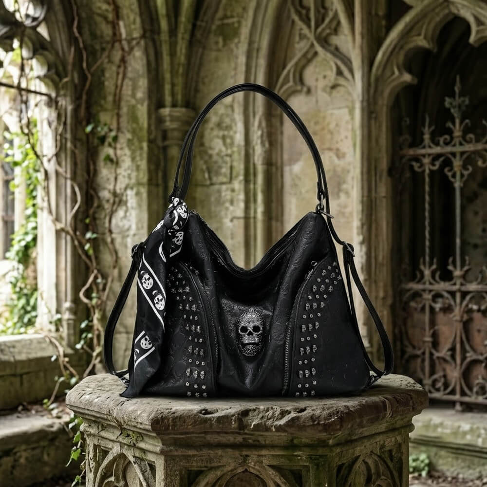 Studded Skull Large-Capacity PU Leather Crossbody Shoulder Bag | Gthic.com