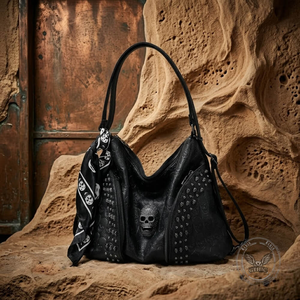 Studded Skull Large-Capacity PU Leather Crossbody Shoulder Bag | Gthic.com