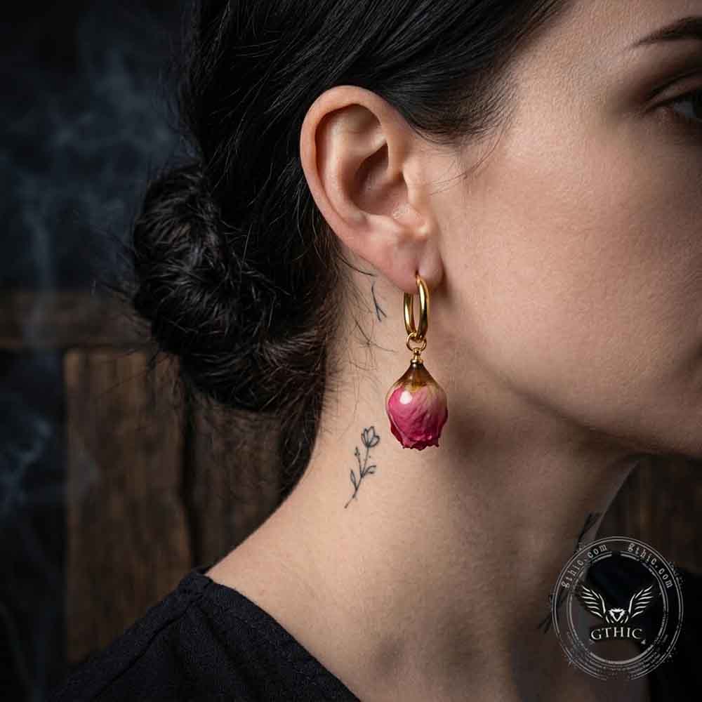 Stylish Dried Rose Stainless Steel Dangle Earrings | Gthic.com