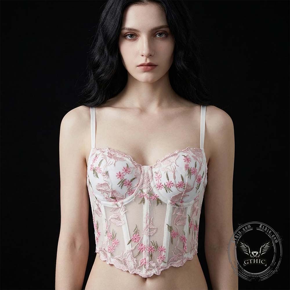 Stylish Floral Embroidered Mesh Bustier Corset | Gthic.com