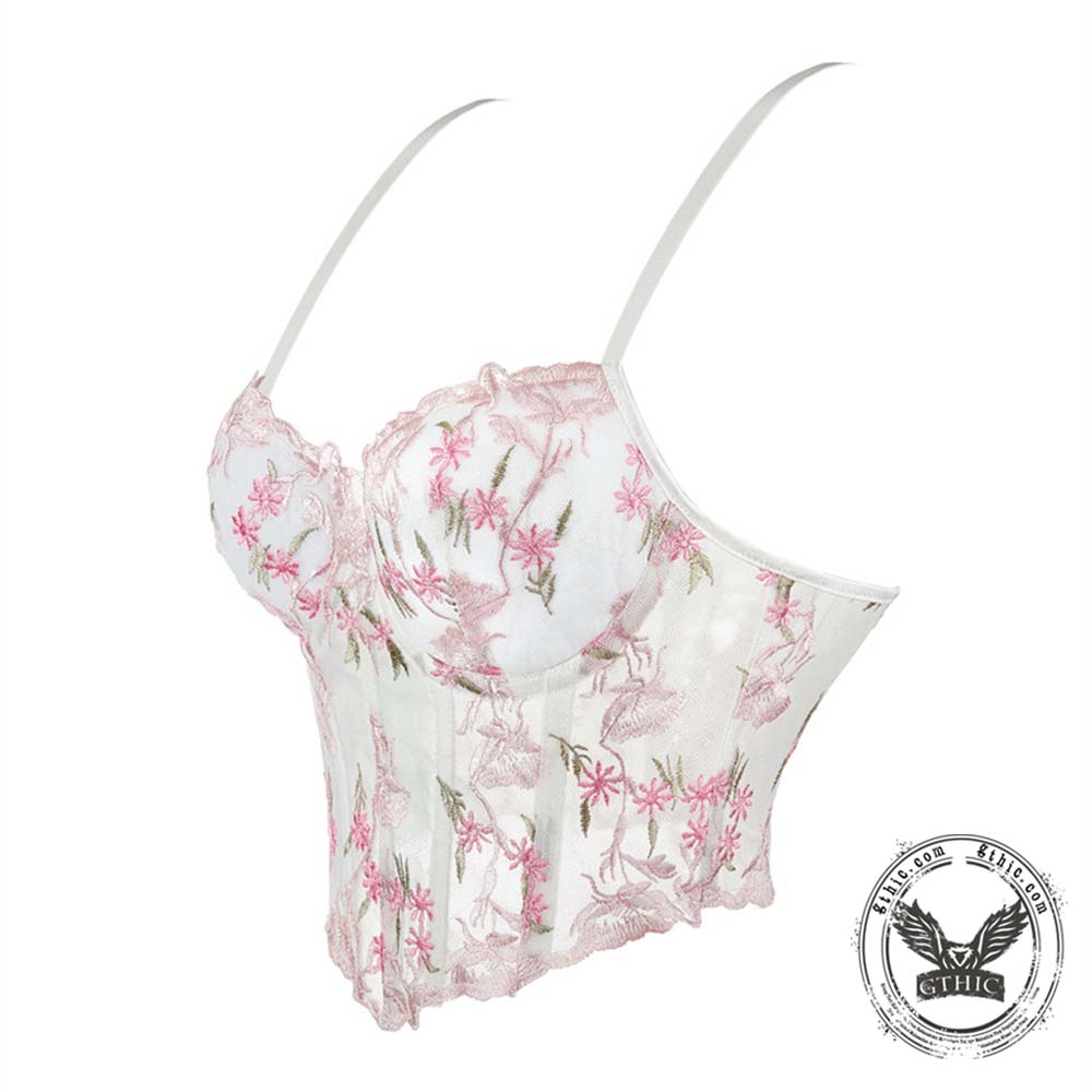 Stylish Floral Embroidered Mesh Bustier Corset