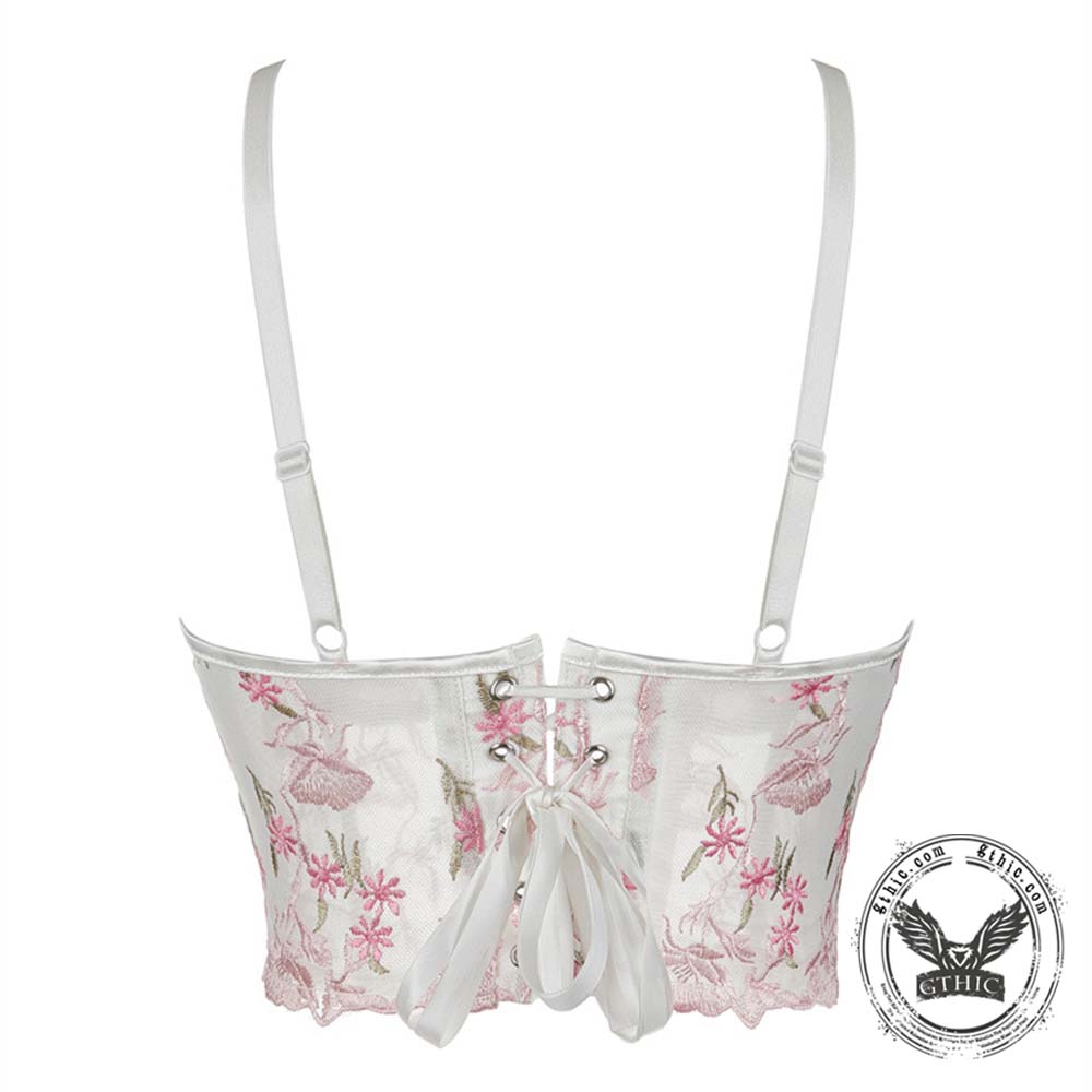 Stylish Floral Embroidered Mesh Bustier Corset