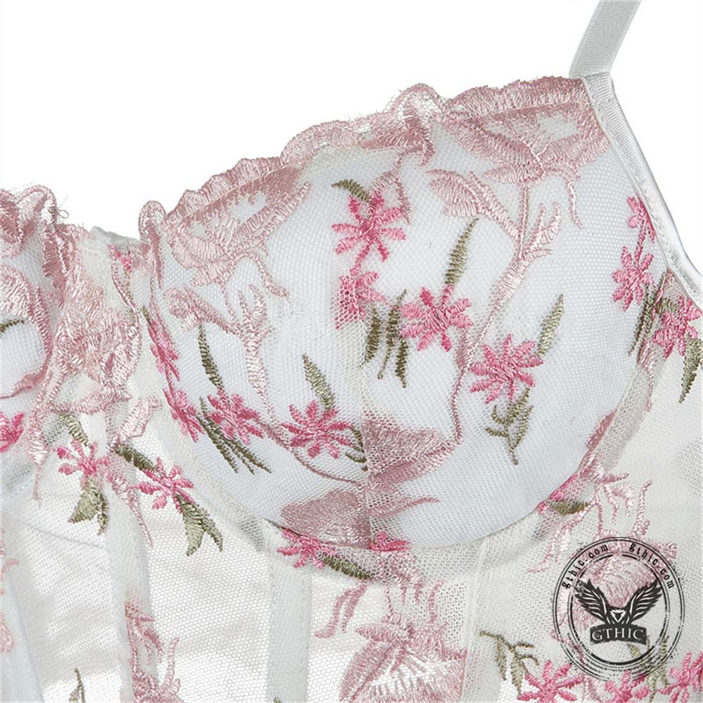 Stylish Floral Embroidered Mesh Bustier Corset