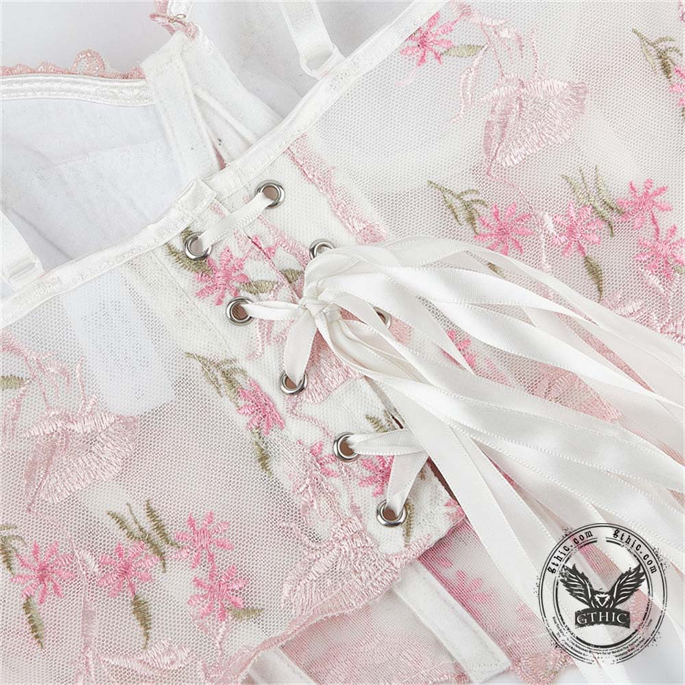 Stylish Floral Embroidered Mesh Bustier Corset