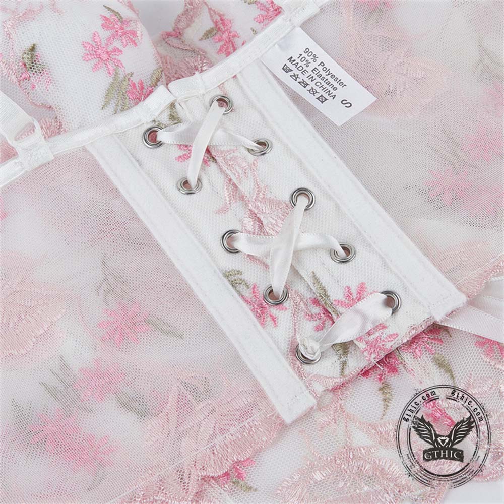 Stylish Floral Embroidered Mesh Bustier Corset