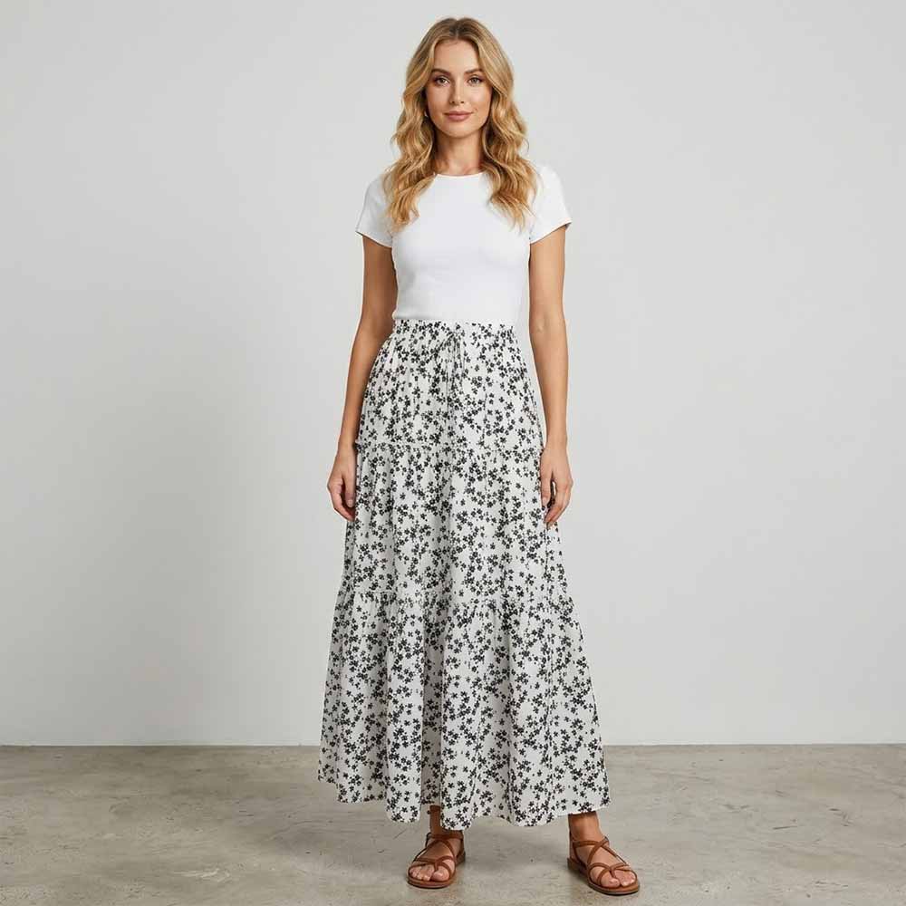 Stylish Floral Three-Tiered Patchwork A-Line Maxi Skirt | Gthic.com