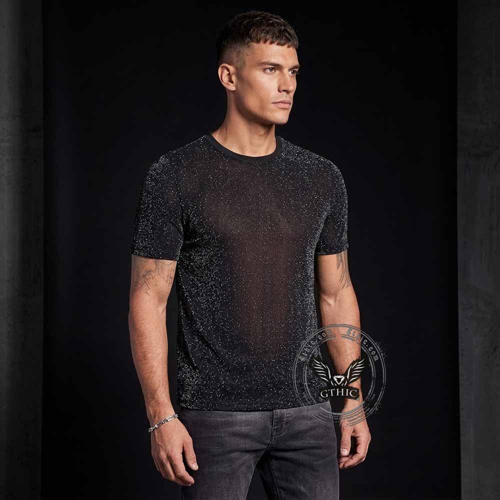 Stylish Glitter Mesh Slim-Fit Crew Neck T-shirt | Gthic.com