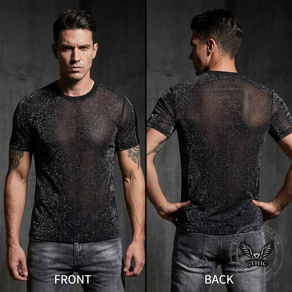 Stylish Glitter Mesh Slim-Fit Crew Neck T-shirt | Gthic.com