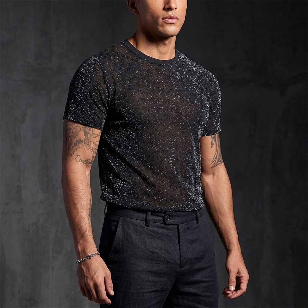 Stylish Glitter Mesh Slim-Fit Crew Neck T-shirt | Gthic.com