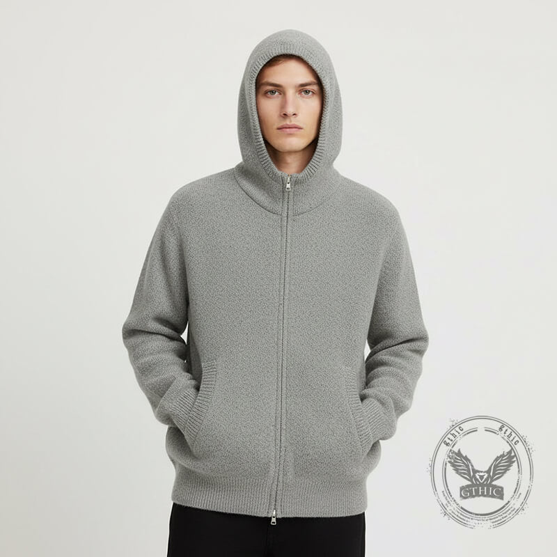 Stylish High-Neck Hooded Two-Way Zipper Knit Cardigan | Gthic.com