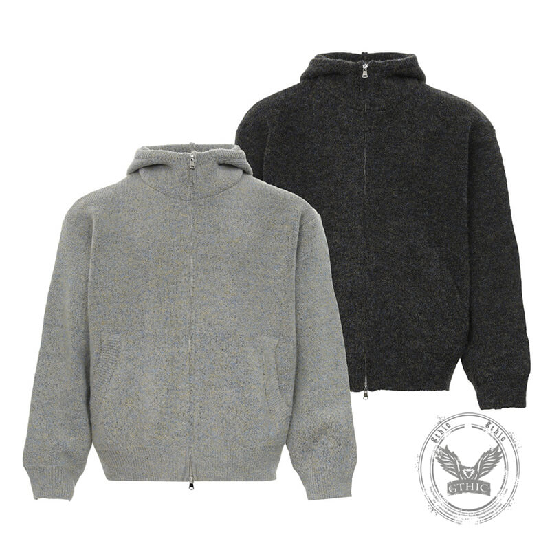 Stylish High-Neck Hooded Two-Way Zipper Knit Cardigan | Gthic.com
