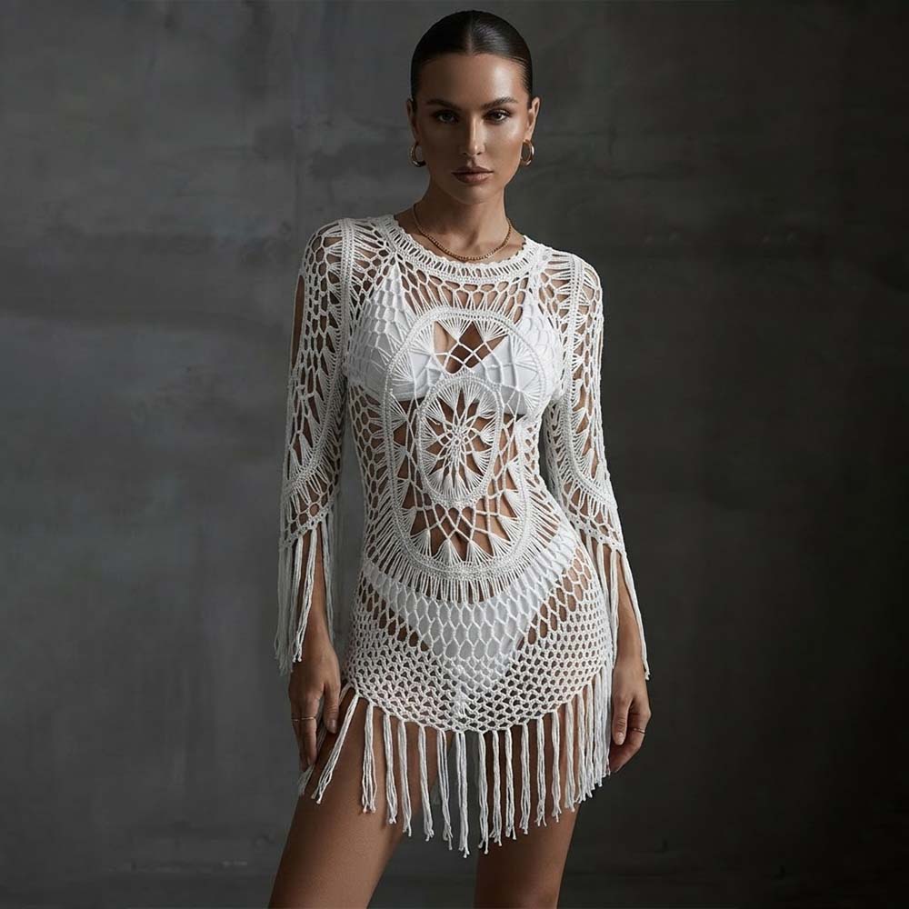 Stylish Hollow Out Crochet Fringe Beach Cover-Up Dress | Gthic.com