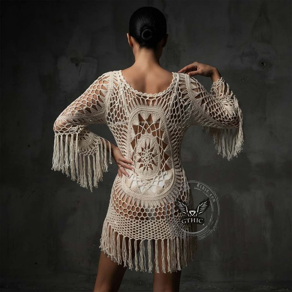 Stylish Hollow Out Crochet Fringe Beach Cover-Up Dress