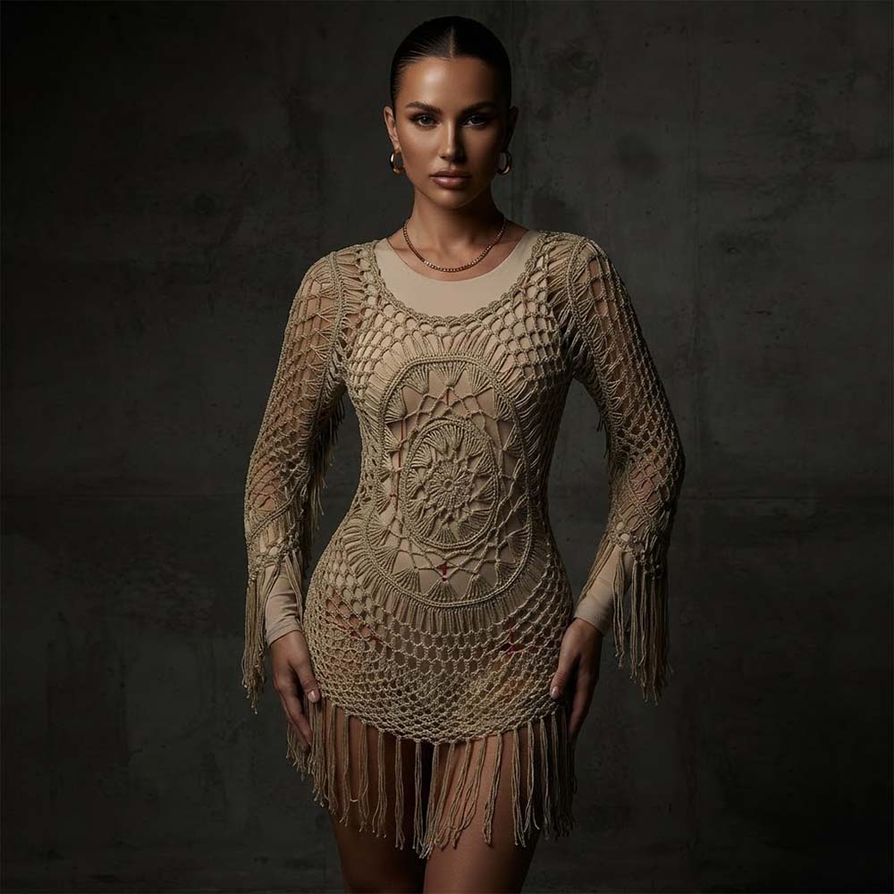 Stylish Hollow Out Crochet Fringe Beach Cover-Up Dress