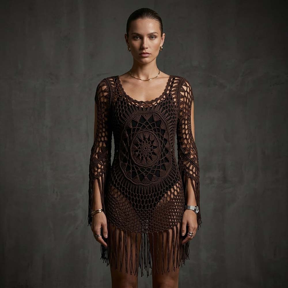 Stylish Hollow Out Crochet Fringe Beach Cover-Up Dress