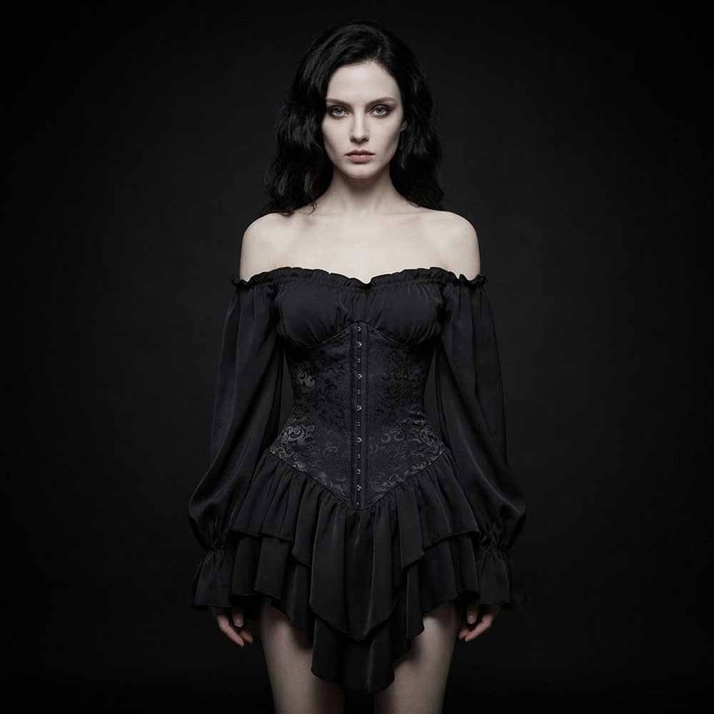 Stylish Jacquard Paneling Ruffled Off-Shoulder Dress | Gthic.com