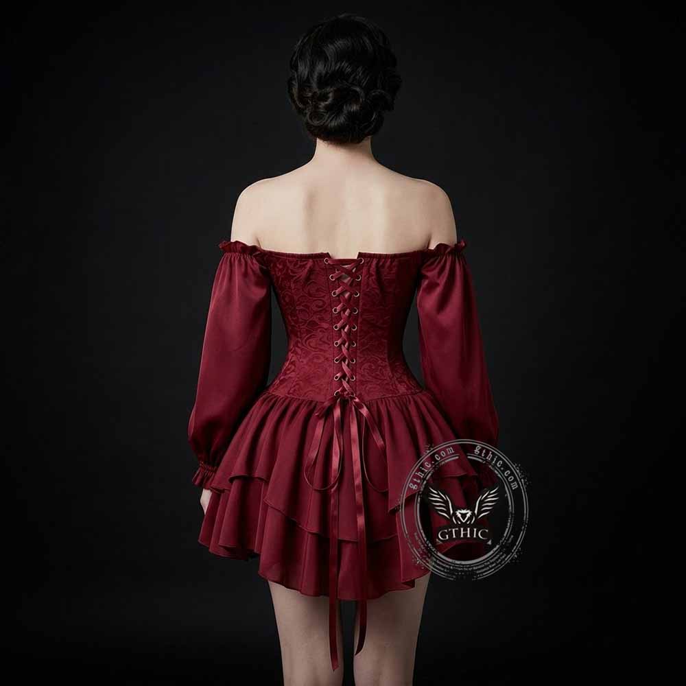 Stylish Jacquard Paneling Ruffled Off-Shoulder Dress | Gthic.com