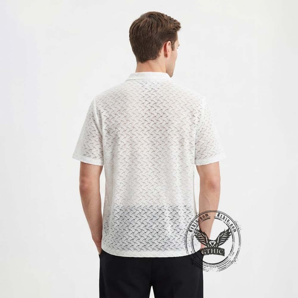 Stylish Jacquard Semi-Sheer Short-Sleeve Lapel Shirt | Gthic.com