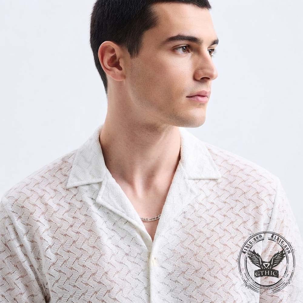 Stylish Jacquard Semi-Sheer Short-Sleeve Lapel Shirt