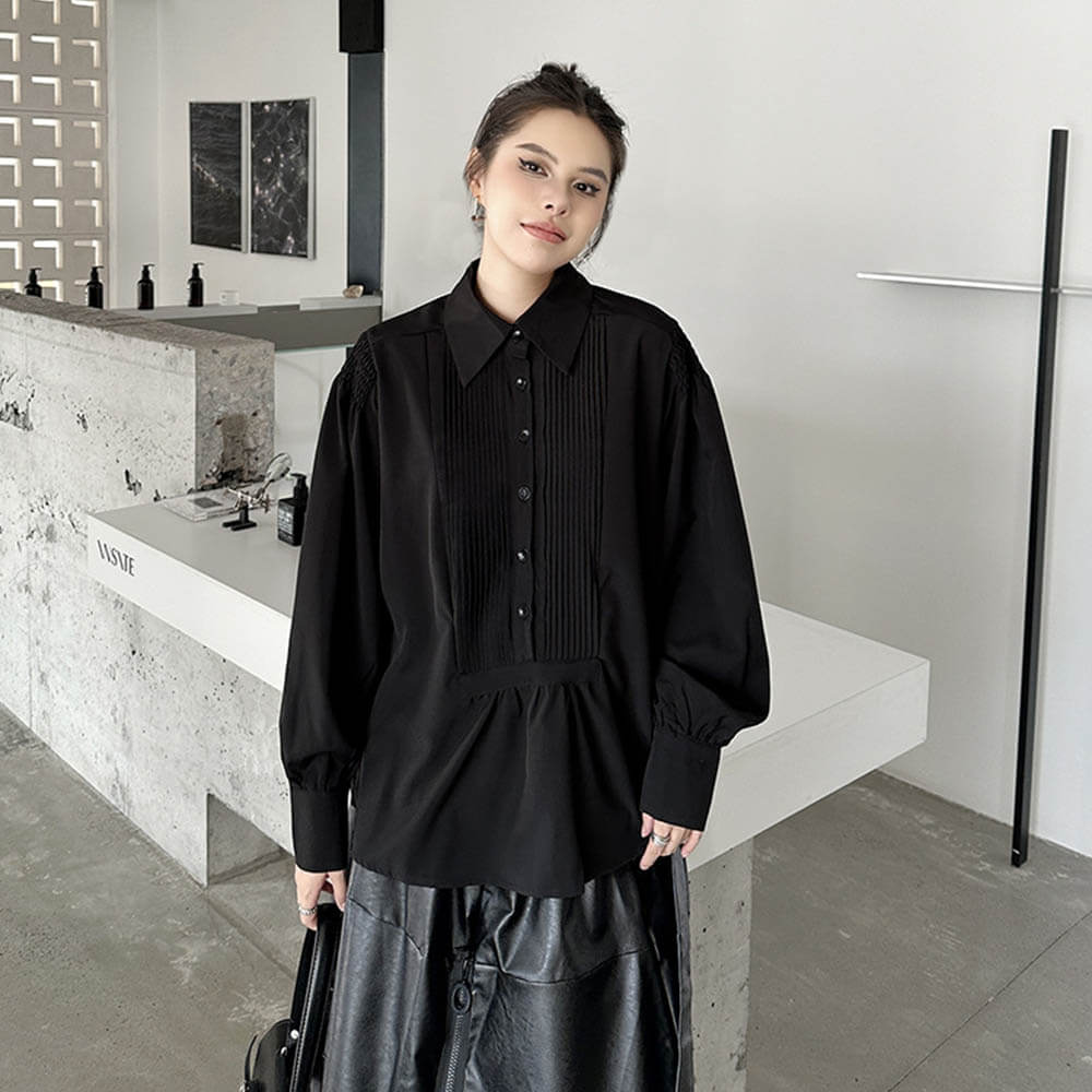 Stylish Lapel Pleated Stitching Long-Sleeved Shirt 01 | Gthic.com