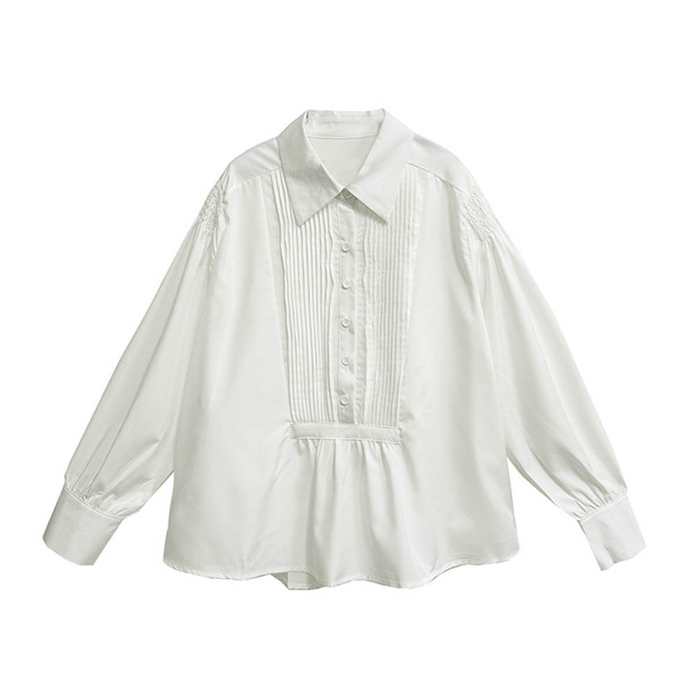 Stylish Lapel Pleated Stitching Long-Sleeved Shirt